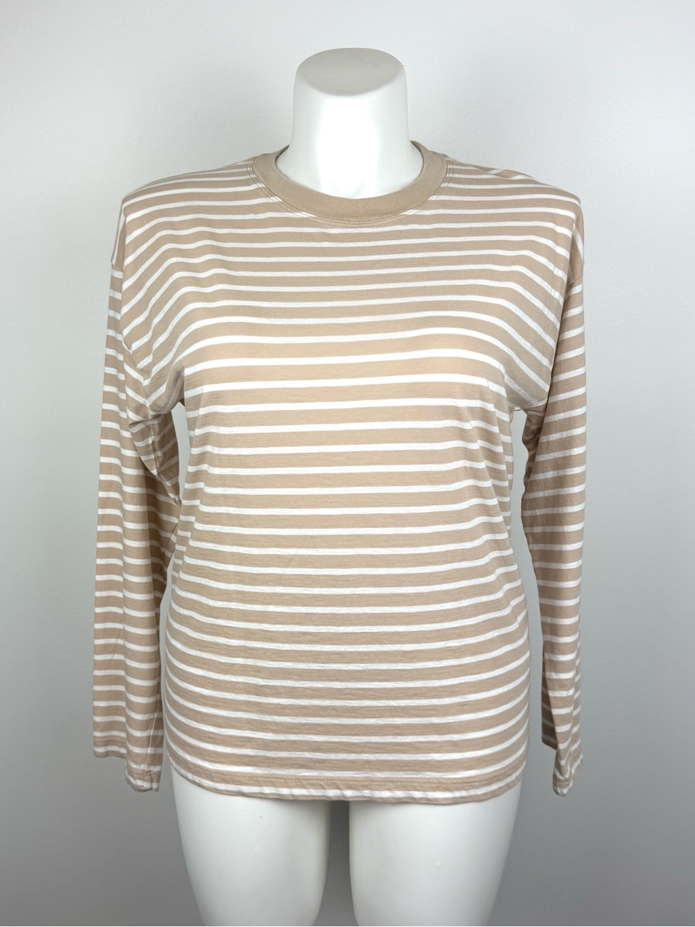 J. Crew Beige and White Striped Long Sleeve Crewneck Tee L